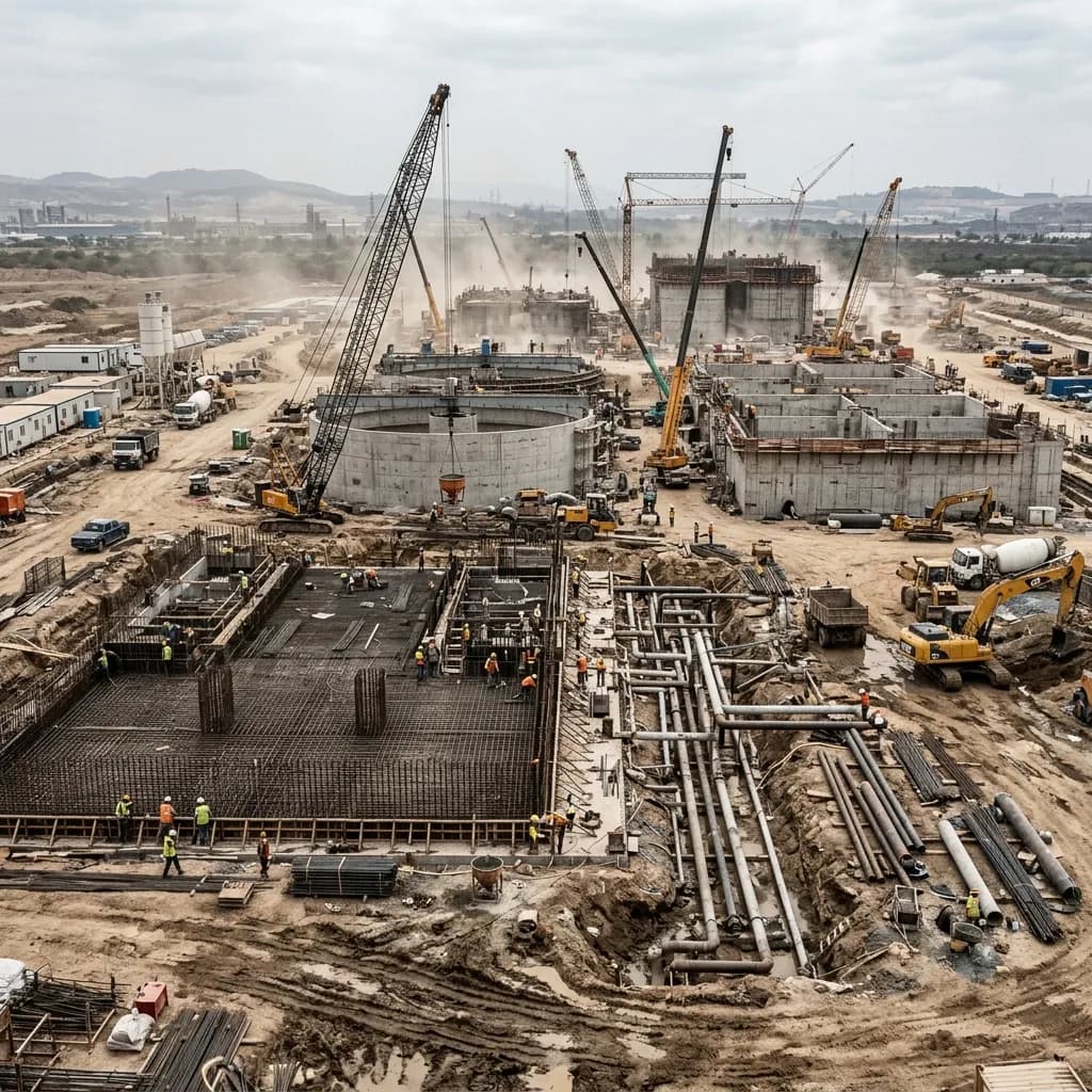 Conventional Civil Engineering Sewage Treatment Plant under messy excavation construction